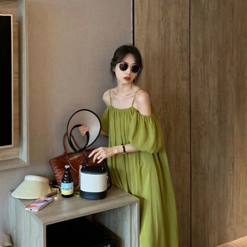 Sexy Off Shoulder Dress para mulheres Casual Summer Dress Girl Solid Party Dress Moda Spaghetti Strap Dress Holiday Dress