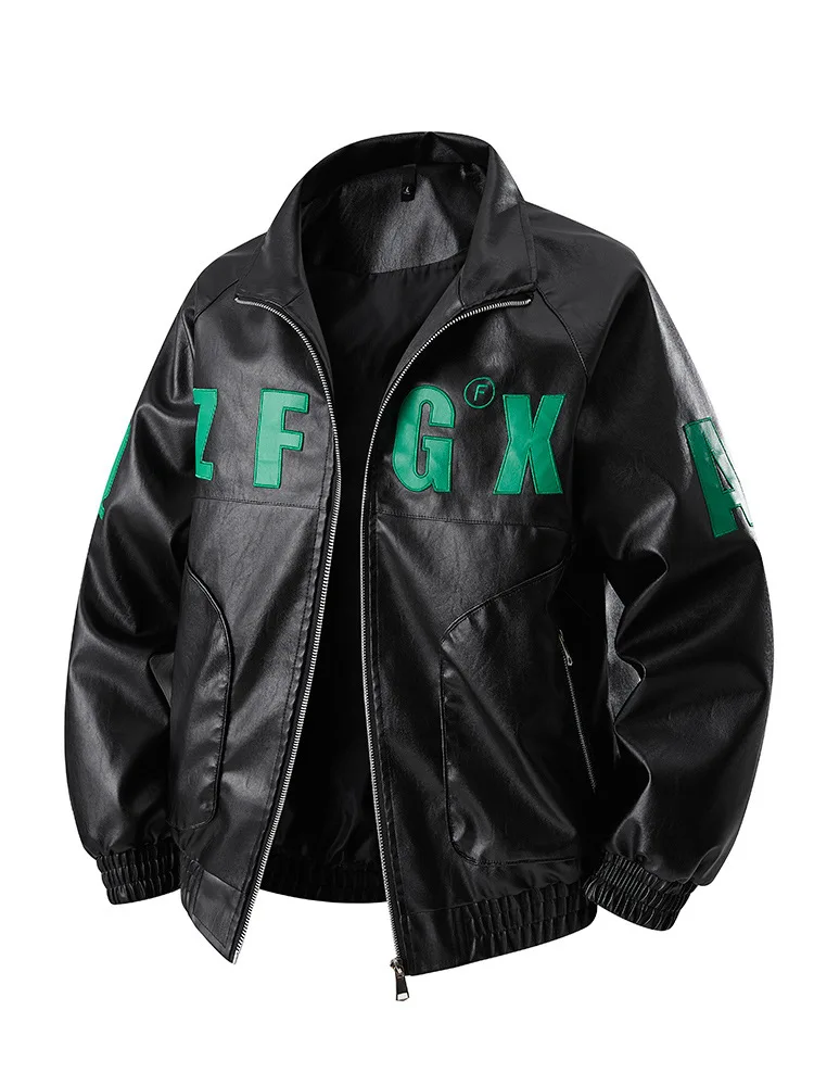 

Man Leather Jacket Autumn New Letter Printed Stand Collar Long Sleeve Men Outerwear Motorcycle Punk Loose Male Bomber Coat