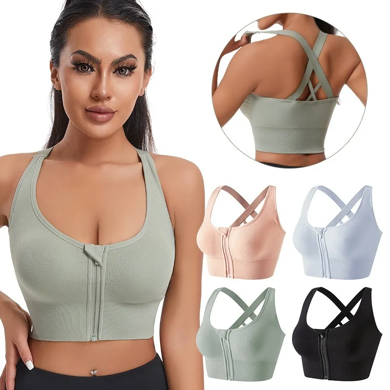 Women Zip Front Crisscross Back Longline Sports Bra High Impact Shockproof Wireless Yoga Bra for Gym Running Fitness