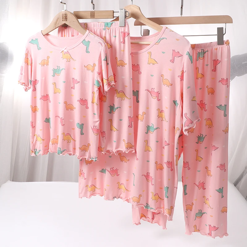 3-18 Years Girls Children Summer Pyjamas 95% Viscose Cartoon Dinosaur Pink Purple Thin Pajamas Sets Sleepwear Home Wear