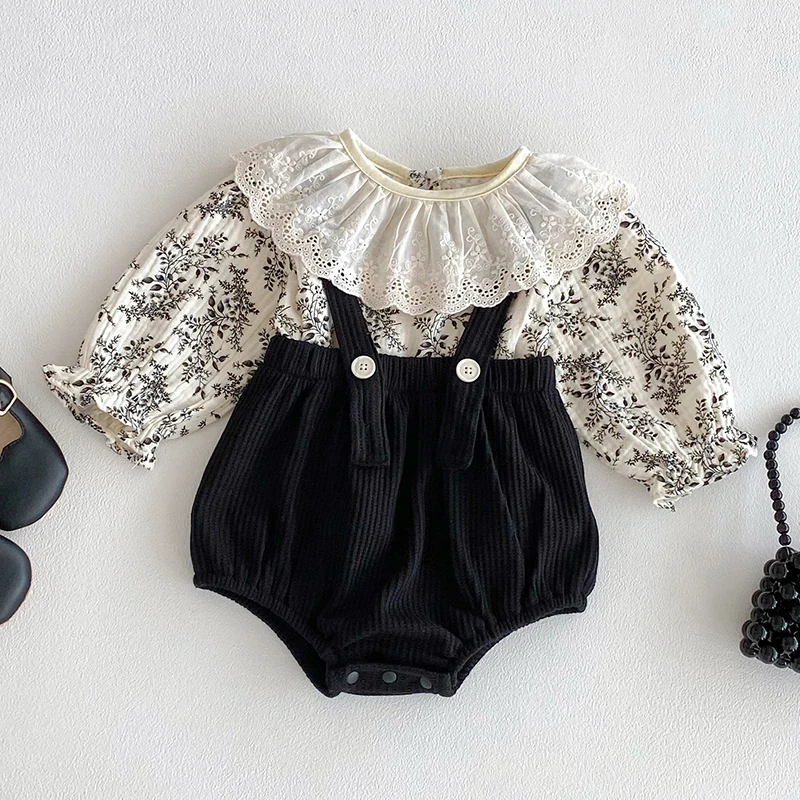

2025 New Autumn Infant Baby Girls Clothing Set Long Sleeved Cotton Printed T-shirt+Sleeveless Jumpsuit Toddler Baby Clothes Suit