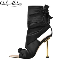 Onlymaker Women Lace Up Evening Gladiator Party Stilettos High Heel Sandals Knot Satin Sexy Noble Dress Black Heels