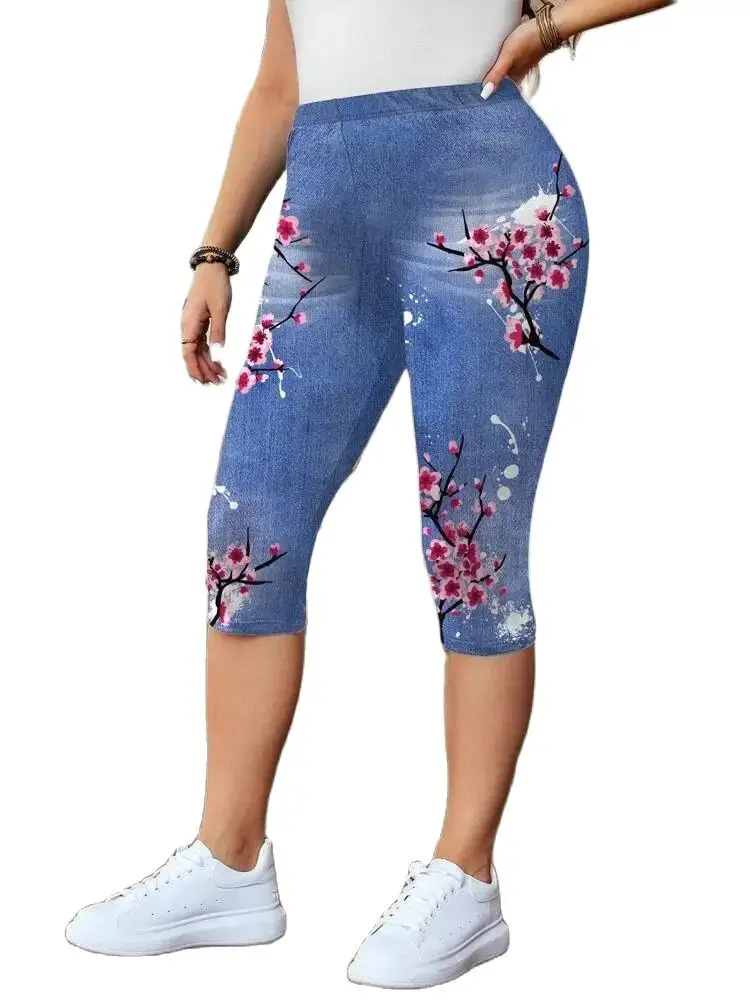 Anti-denim print elastic elastic waist slim-fit women\'s leggings casual skinny capri pants