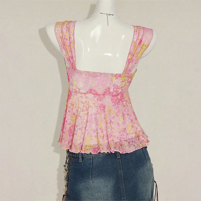2026 Summer Women Y2K Coquette Beach Floral Mesh Print Front Tie Ruched Asymmetric Ruffle Hem Sweetheart Wide Strap Tank Top