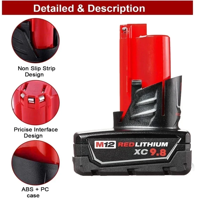 

Milwaukee 12V 9,8 Ah lithium-batterie, kompatibel mit cordless power werkzeuge 48-11-2420 48-11-2440 48-11-2402