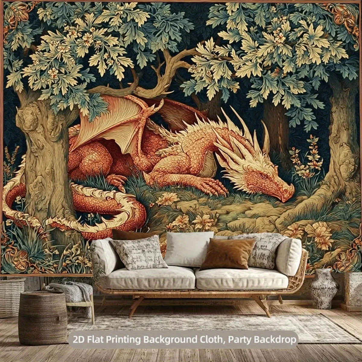 Vintage Dragon Resting In Forest Tapestry Art Style 2D Flat Tapestry Backdrop For Living Room Decor Fantasy Wall Hanging