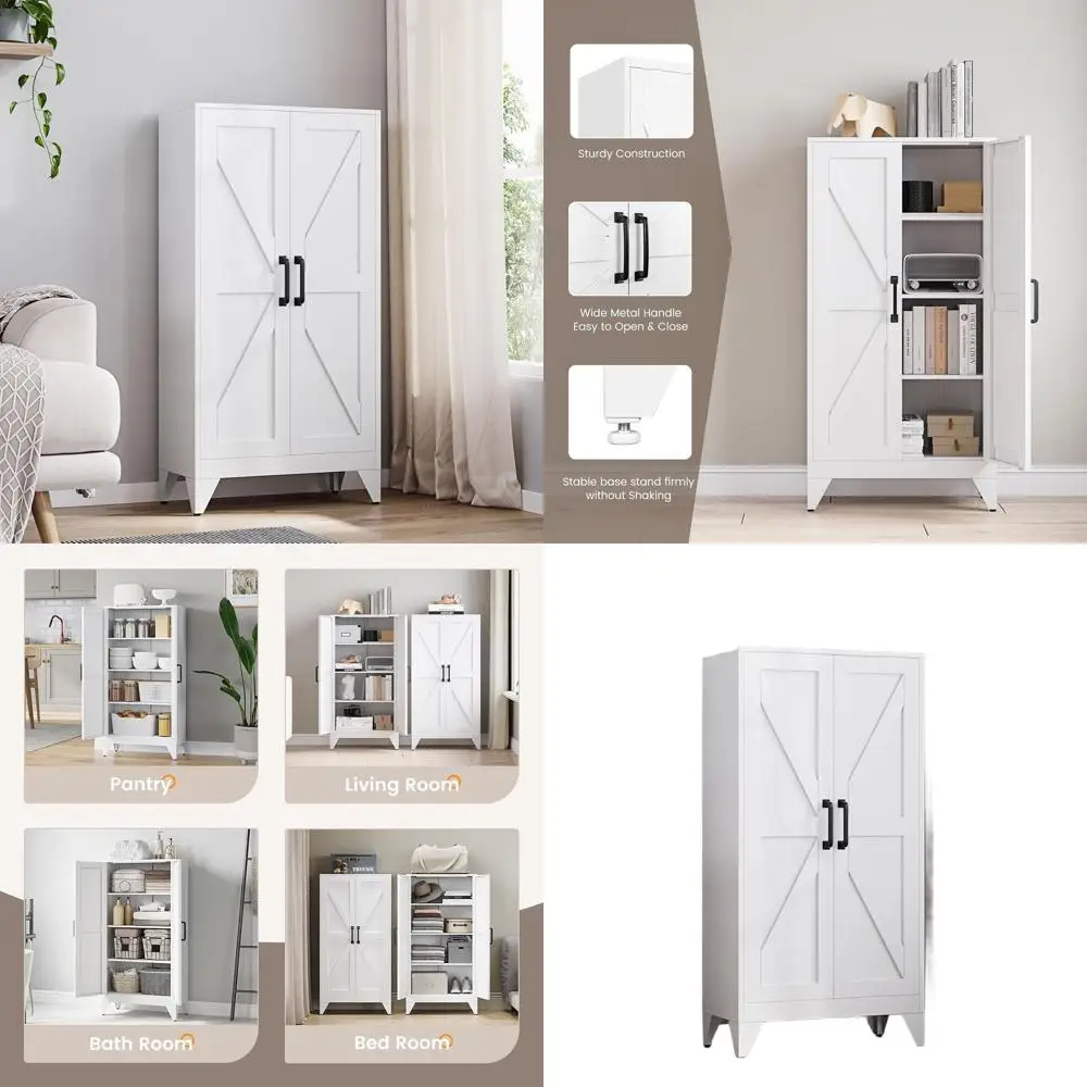 

47 White Metal Kitchen Pantry Cabinet with 2 Doors and 3 Adjustable Shelves for Kitchen, Living, and Dining Rooms