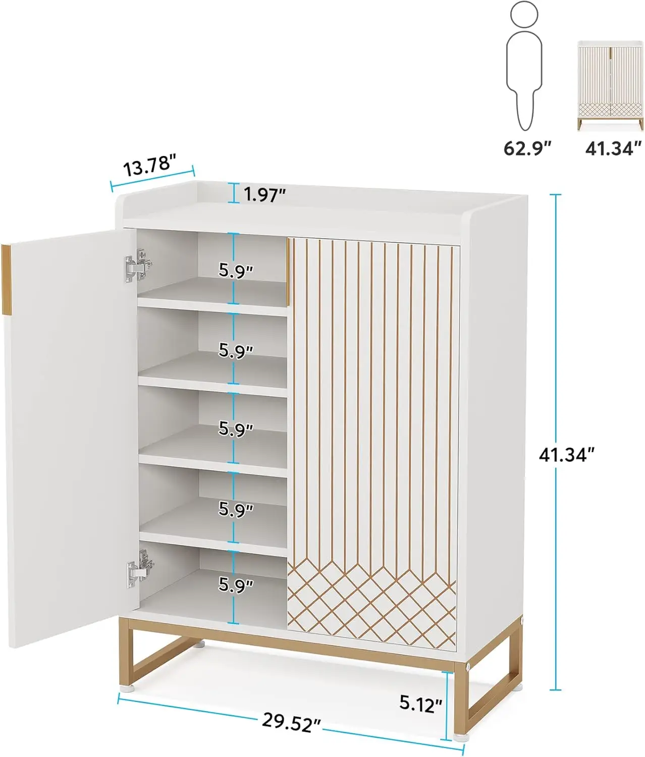 25 Pair Shoe Cabinets with Doors, 5-Tier Modern Shoe Rack Organizer Cabinet, Freestanding Wood Storage Cabinet with Gold Metal F