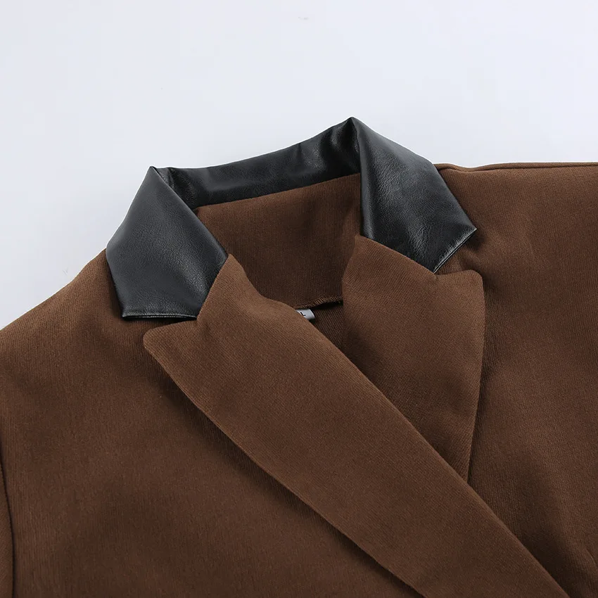 Conjuntos de chaqueta de tweed recortados para mujer Conjuntos de 2 piezas y minifalda Trajes casuales de negocios Tela de lana marrón con irregular