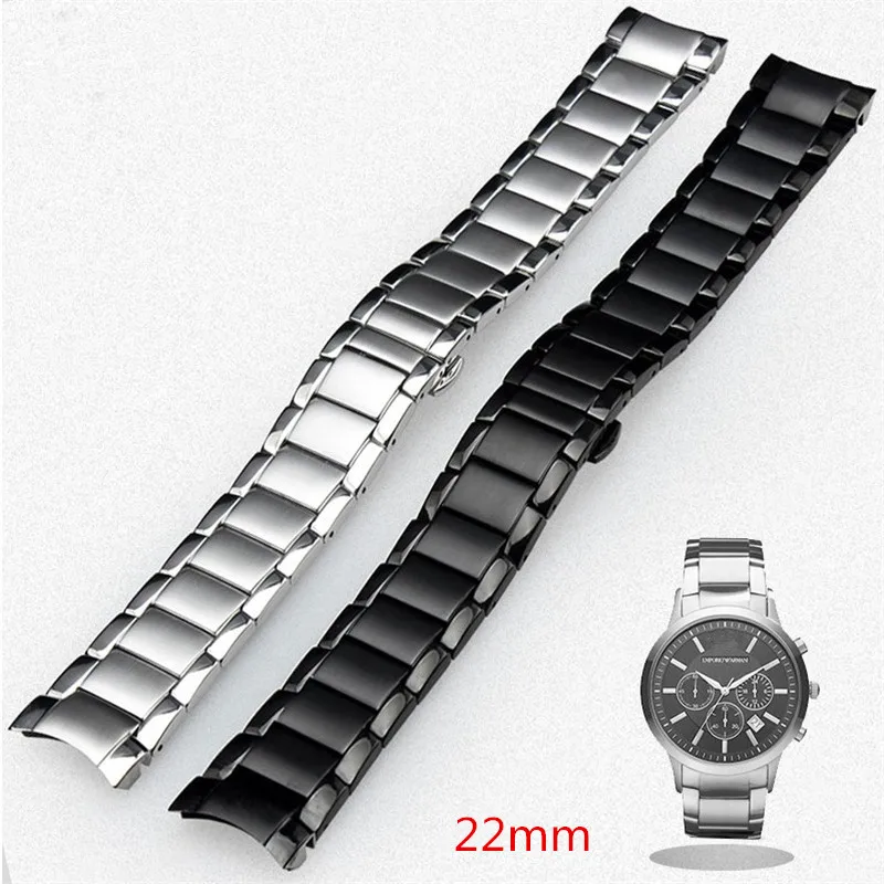 Curved End Silver Black 316L Stainless Steel Watchband 22mm Solid Links Bracelet Fit For Armani RENATO AR2434/2433 AR2448 Watch