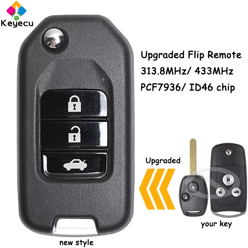 

KEYECU Upgraded Flip Remote Car Key With 3 Buttons 313.8MHz 433MHz ID46 Chip for Honda CRV Fit Accord Fob MLBHLIK-1T MLBHLIK-1TA