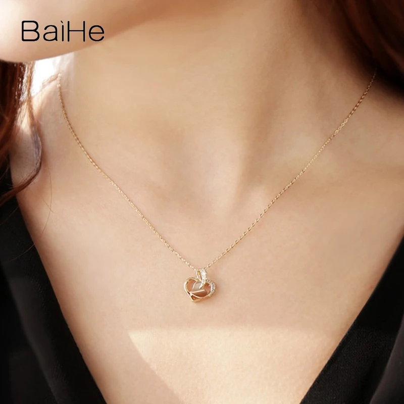 BAIHE Real Solid 14K Yellow+Rose Gold Natural Diamond Heart Necklace Women Wedding Fine Jewelry Making Collier Coeur שרשרת לב