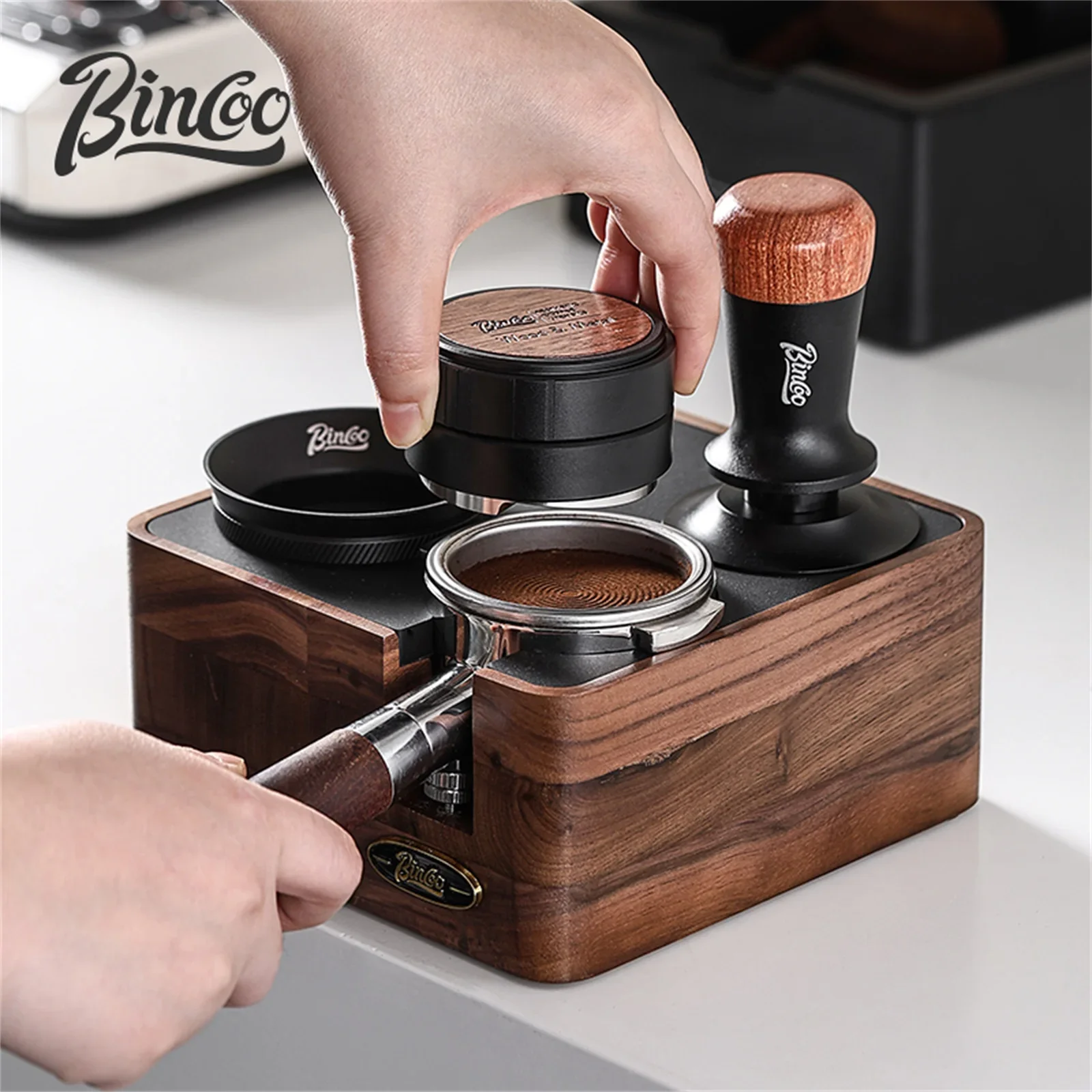 

Bincoo 51-58MM Walnut Wood Coffee Tamping Station Portafilter Holder Square Distributor Stand Espresso Accessories Barista Tools