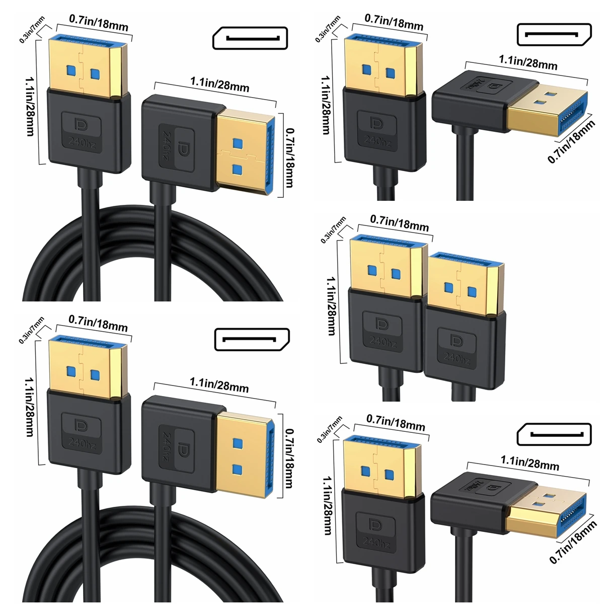 90-degree Right Angle Displayport 1.4 Cable DP Male To Displayport Male Silicone Cable with 8K/60Hz,4K/144Hz Support 0.3m 1m 5m