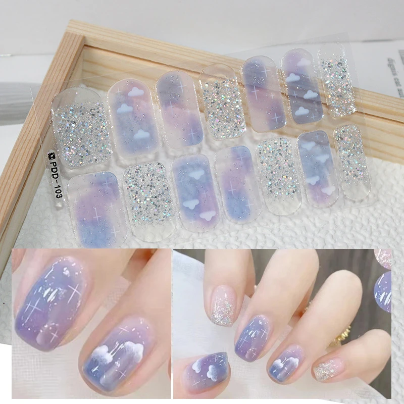 Glitter Full Cover Nail Stickers Long-Lasting Solid Color Fresh Flowers In Summer Nail Strips Patch Slider Full Cover Decal