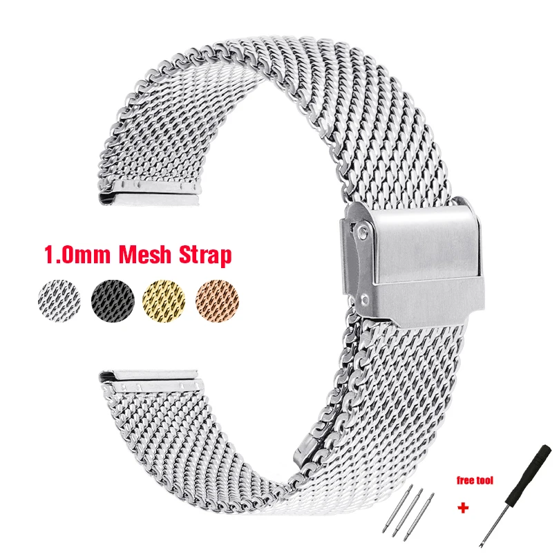 1.0mm 0.6mm Mesh Watch Band for DW Universal Milanese Stainless Steel Strap Wrist Belt Bracelet 8/10/12/14/16/18/20/22/24mm Tool