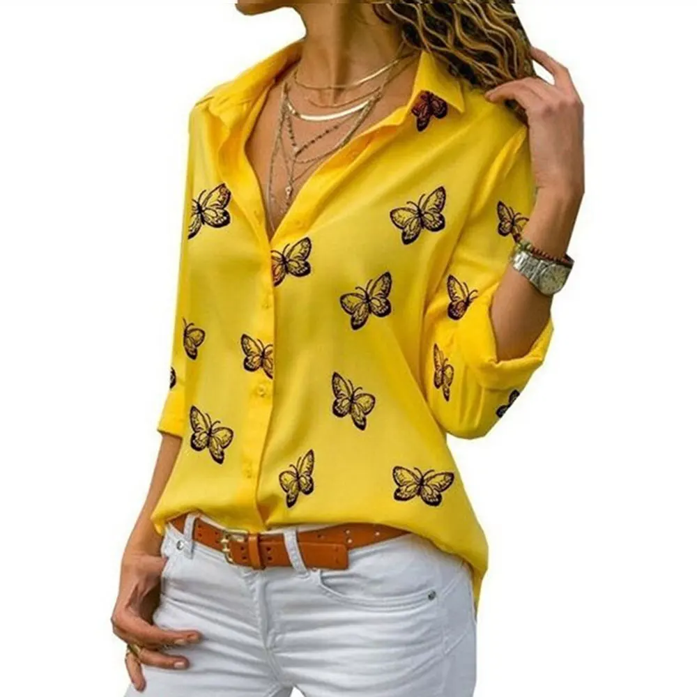 Gentillove Women Long Sleeve Blouse Oversized Spring Autumn Turn Down Collar Loose Office Lady Casual Butterfly Printing Basic