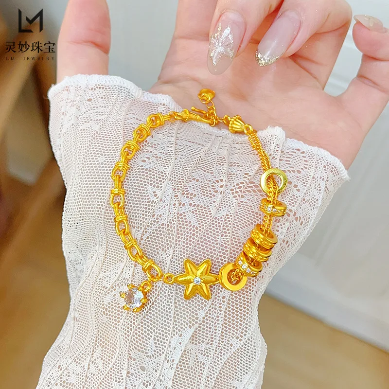 

9999 24K real gold with diamonds, lucky six-pointed star bracelet, round diamond running ring, AB style jewelry, light luxury