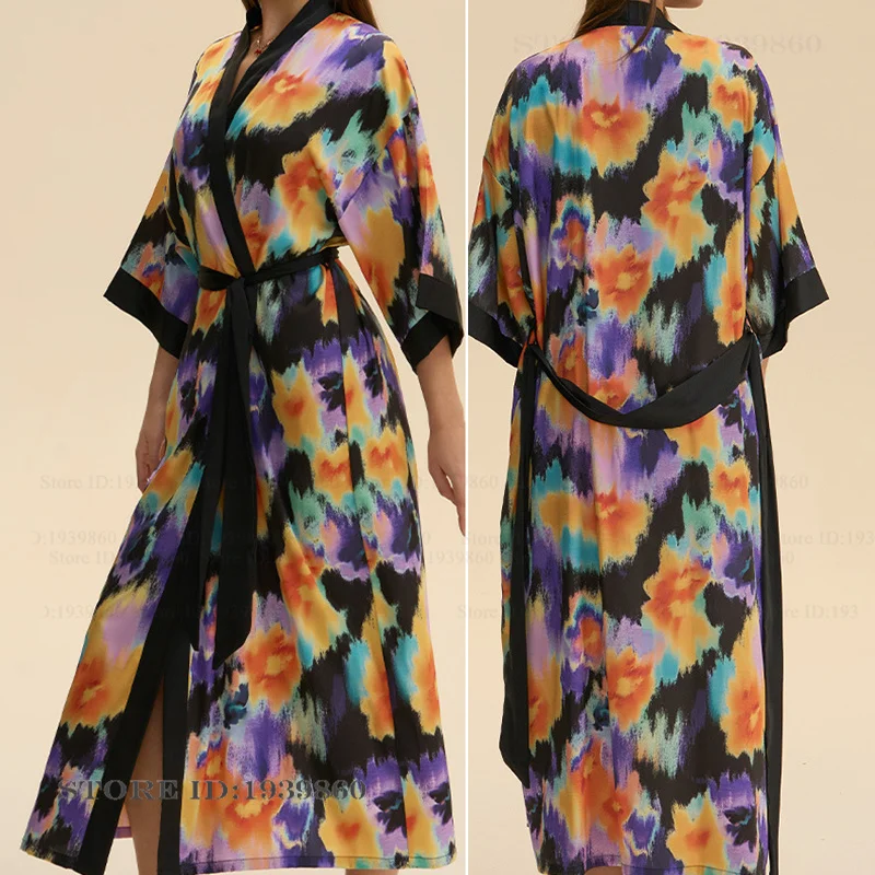 

Print Flower Long Robe for Women Sexy Silk Satin Kimono Bathrobe Gown Sleepwear Loose Casual Home Dress Lounge Wear Nightgown