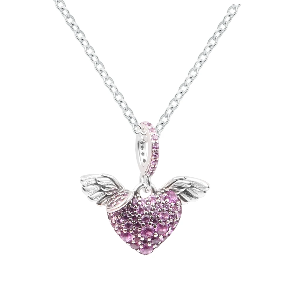 

Valentine's Pave Heart & Angel Wings Necklace Sterilng Silver Chain Woman Jewelry Making Fits Original Charms Mother's Day