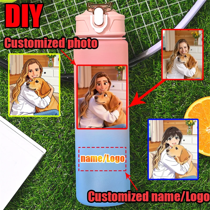 

Бутылка для воды 750 мл с градиентным цветом, настраиваемая под заказ, с возможностью нанесения имени/логотипа, с соломинкой, индивидуальный дизайн, аниме-подарки на заказ