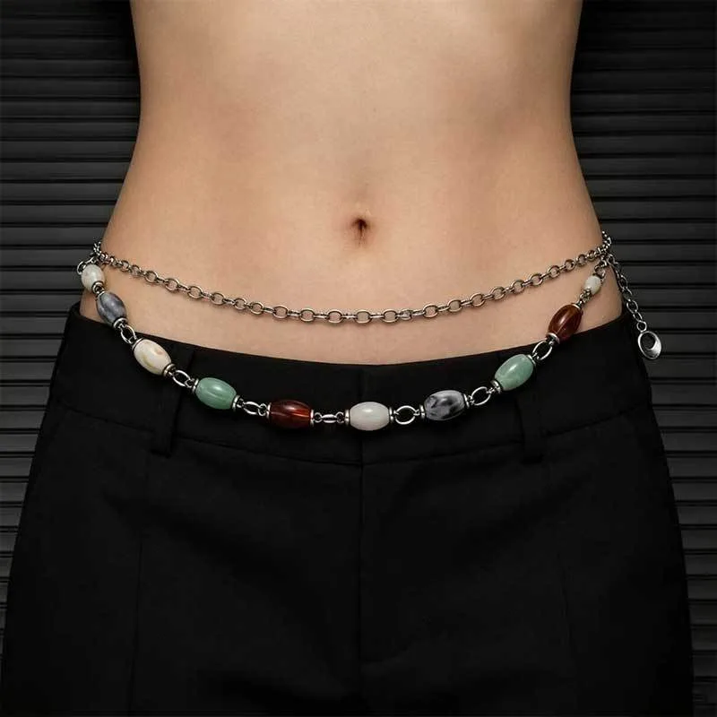 Colorful Beaded Waist Chain For Women Y2k Natural Stone Belly Chain Gold Silver Links Summer Bohemian Body Jewelry Gift