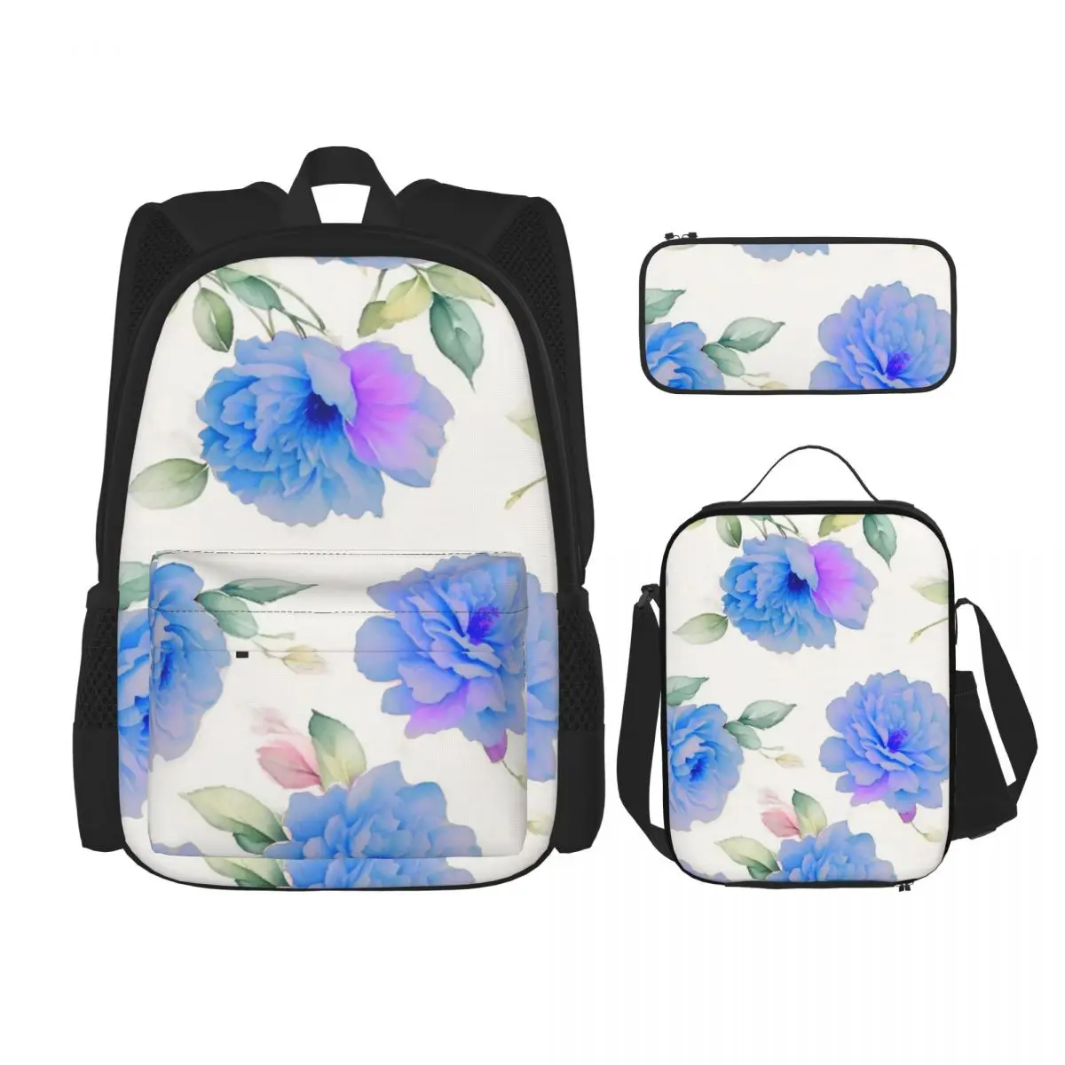 

Romantic Vintage Blue Lavender Lilac Pink Flowers Floral Backpacks Bookbag School Bag Rucksack Lunch Bag Pen Bag Three-Piece Set