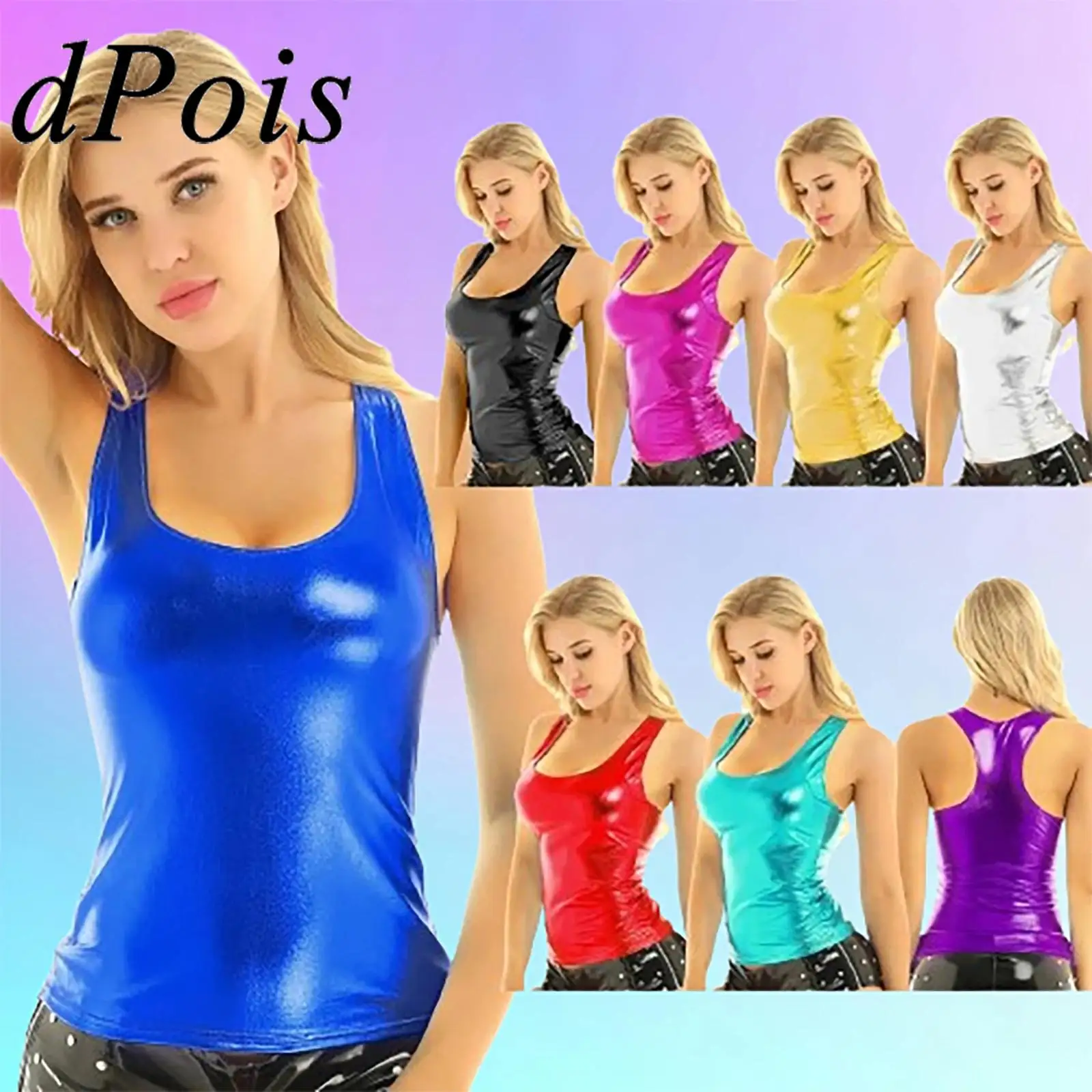 

DPOIS женская облегающая майка на бретелях блестящие металлические майки модные топы в стиле панк для танцев на шесте гонщик жилет на спине Femme Rave вечерние Клубная одежда