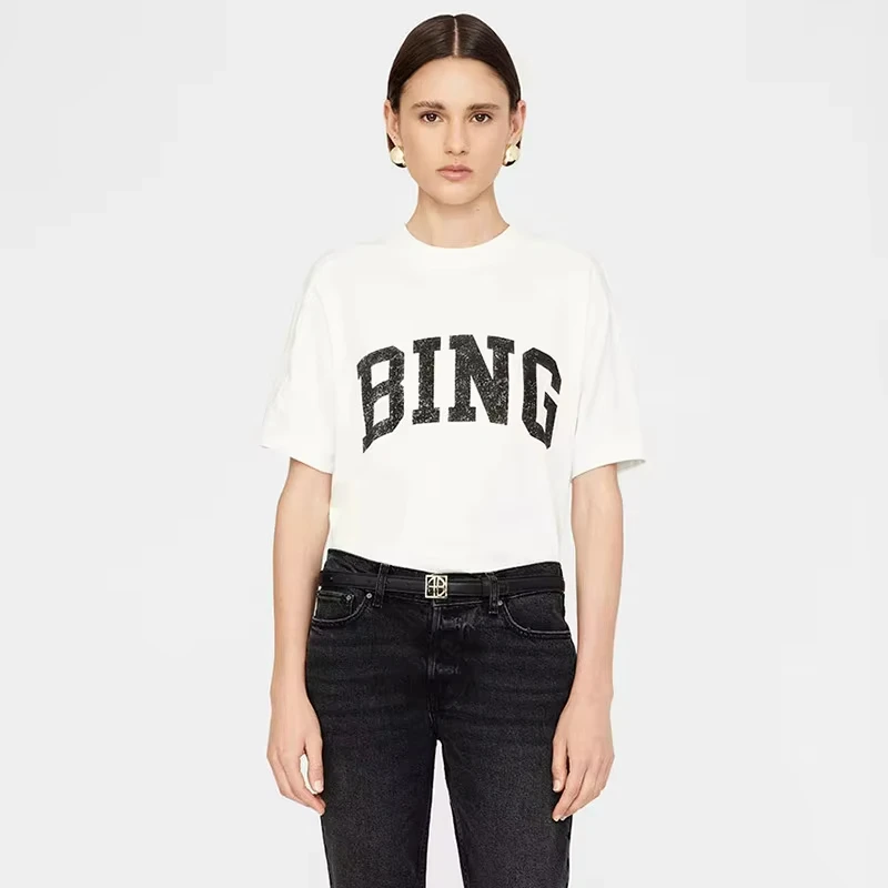 

Summer Cotton Round Neck T-Shirts Women Print Black White Graphic Brand High Quality Street Oversized Casual Loose Clothes