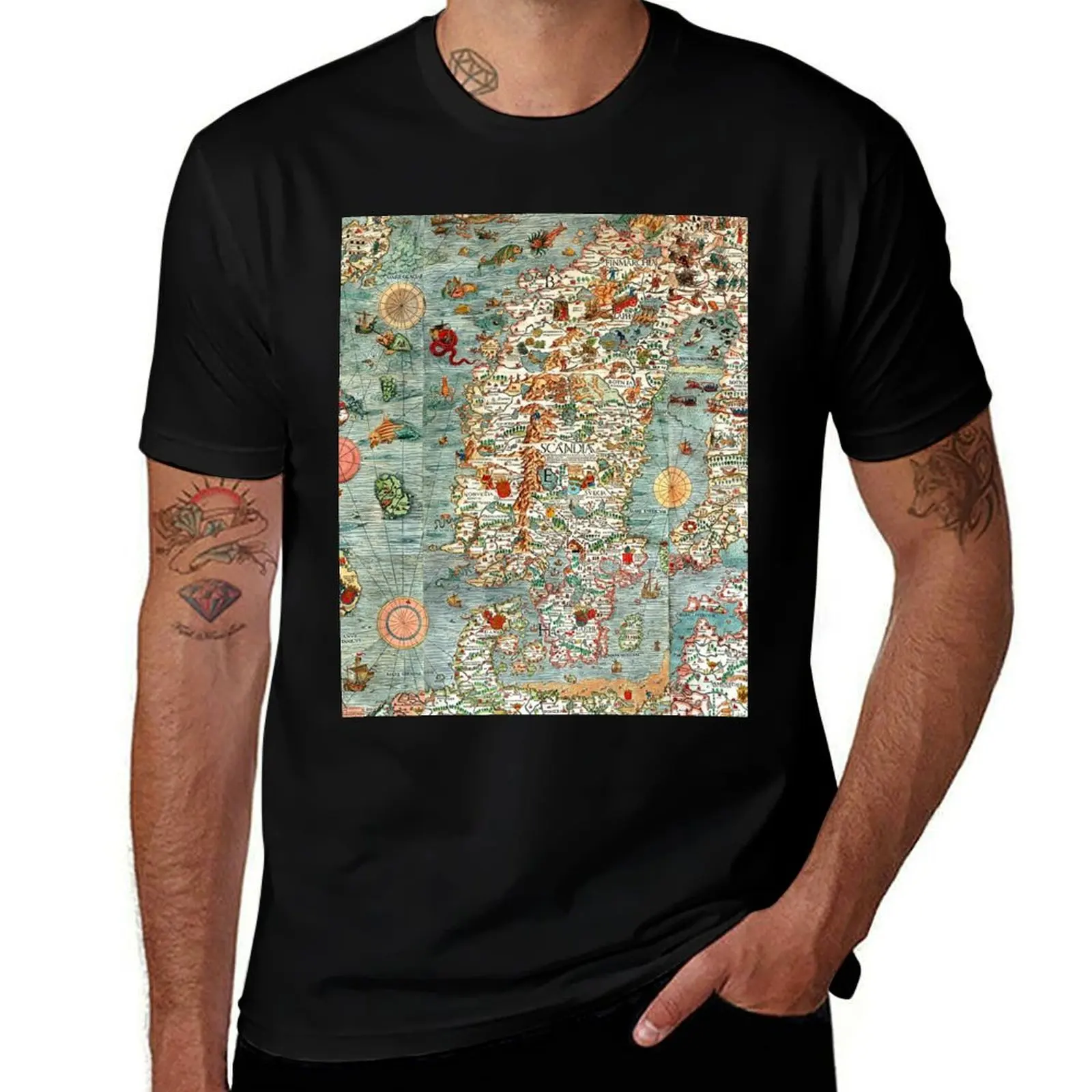 Carta Marina, map of Scandinavia by Olaus Magnus - 1539 T-Shirt blue archive vintage graphic tee mens funny t shirts