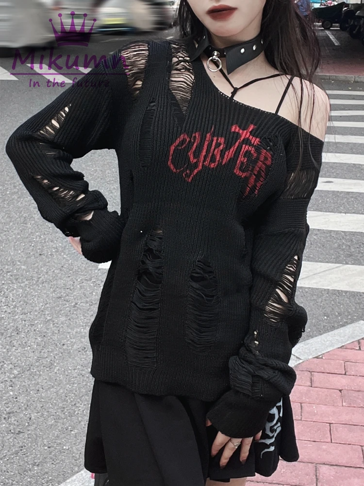 Punk Rock Broken Sweater Y2k Aesthetic Gothic Letter Printed Black Sweater Long Sleeve Hollow Out Knit Pullover Chic Streetwear