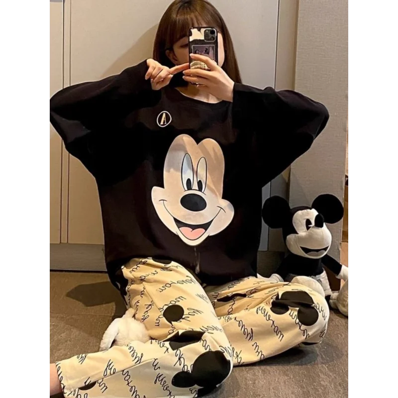 Mickey Mouse cotton pajamas round neck casual cartoon two-piece set loose silk pajamas women\'s Disney loungewear women\'s pajamas