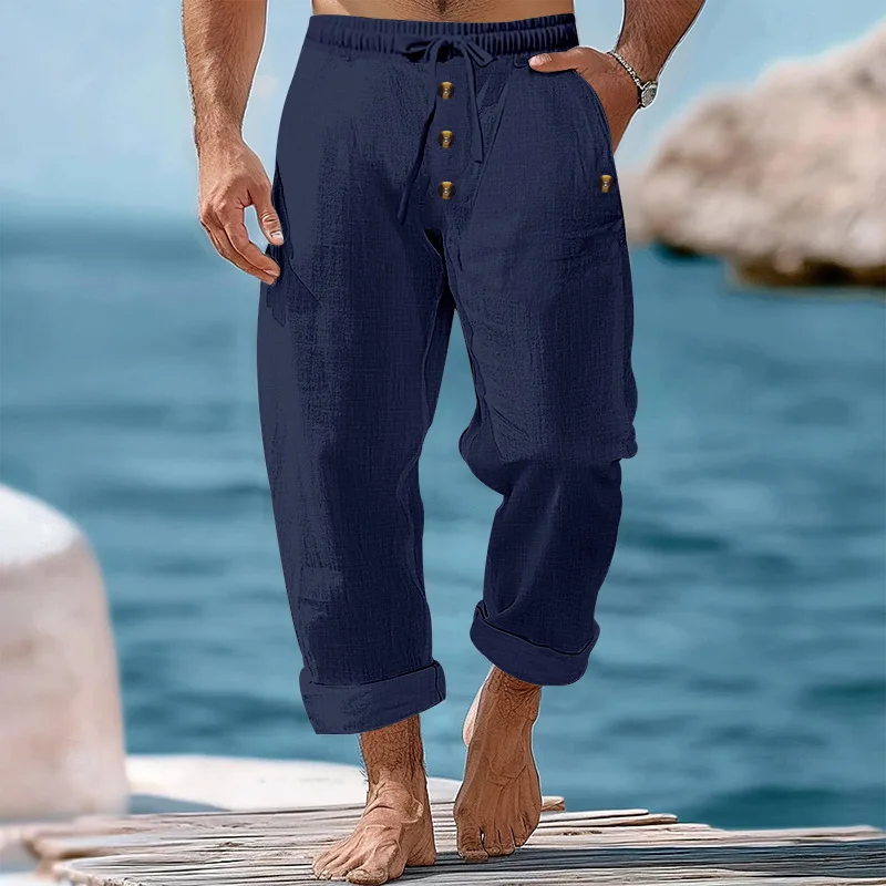 

2025 Spring and Autumn New Beach Pants Solid Color Cotton Linen Loose Drawstring Button Fashion Casual Trousers Men's Clothing