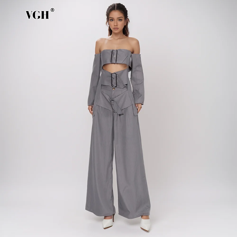 

VGH Solid Chic Two Piece Sets For Women Strapless Off The Shoulder Sleeve Tops High Waist Wide Leg Pants Tide Slim Set Female