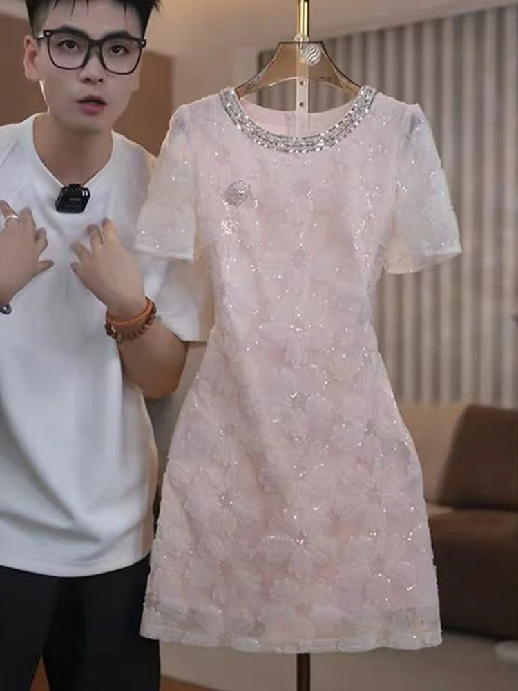 

Summer Luxury Diamond Beaded Dress Women Vintage Flower Embroidery Mesh Midi Dresses Elegant Sequin Pearl Party Vestidos