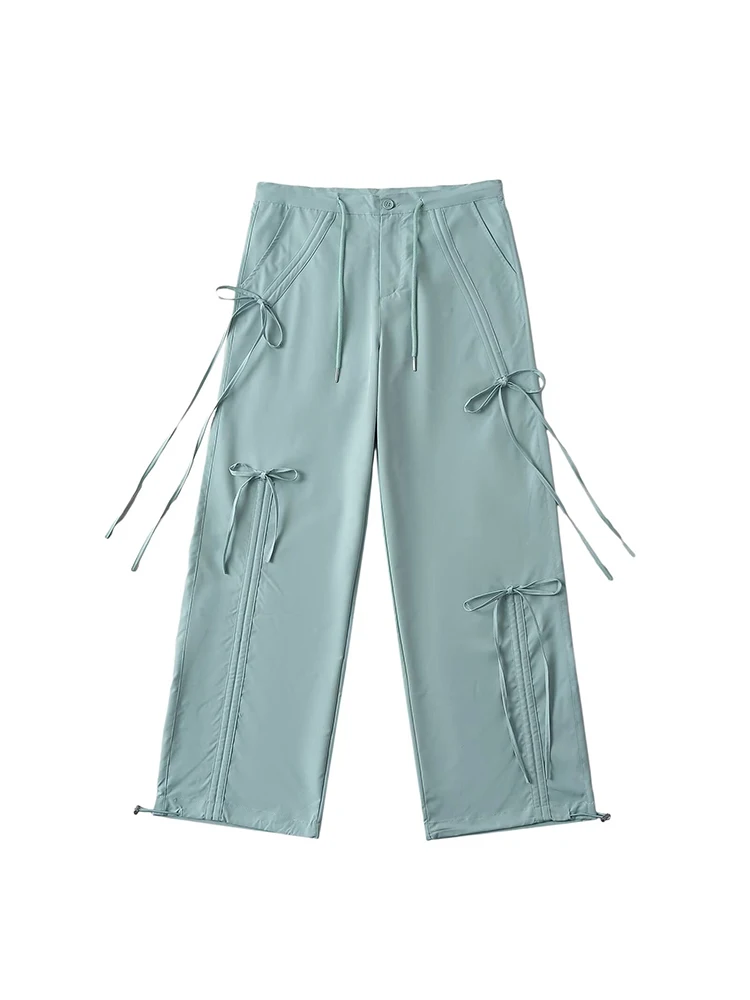 Sweet Cool Spicy  Knot Work Pants Women's Spring Retro Dstring Slimming Loose Casual Straight Leg Wide Leg Pants