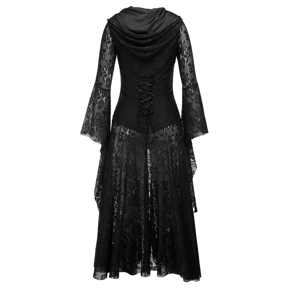 Halloweenowe z kapturem czarne koronkowe gotyckie ubrania sukienki Lolita dla kobiet rozszerzany rękaw sznurowane z tyłu średniowieczna sukienka Maxi w stylu vintage
