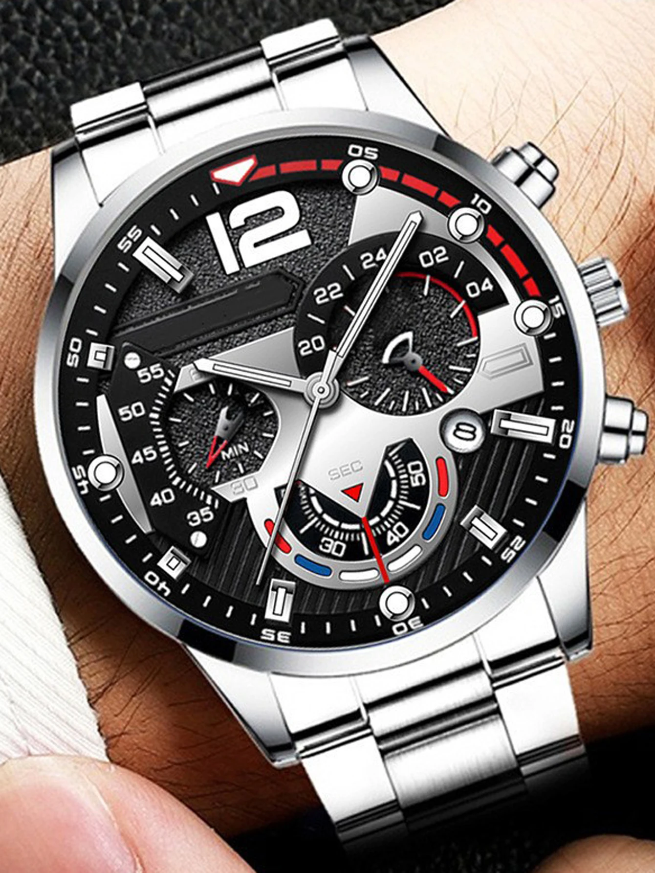 1pcs business style Silver mechanical design Men\'s alloy quartz watch with calendar selected watch gift