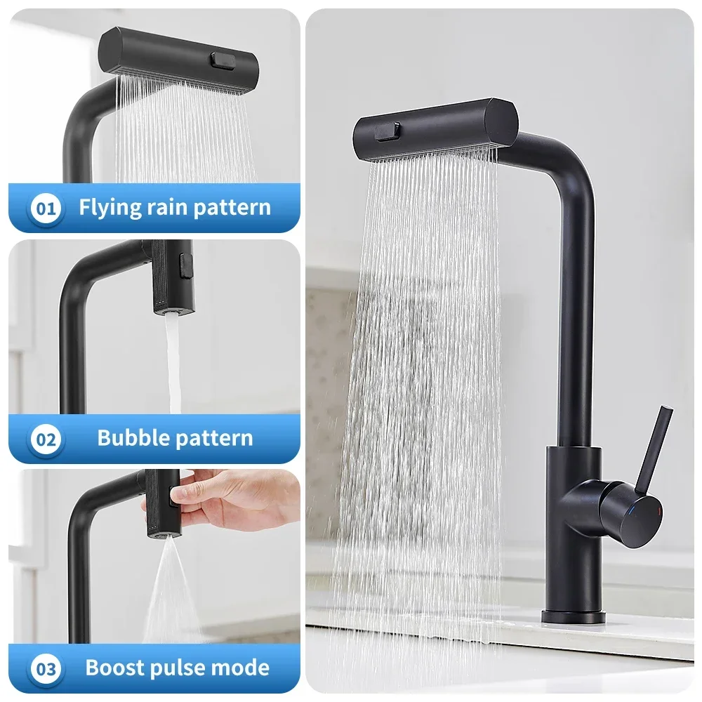 Black Nickel 304 Stainless Steel Pull-out Kitchen Faucet Waterfall Sink Tap Crane Brushed Nickel Sensor Pull Out Hot Cold