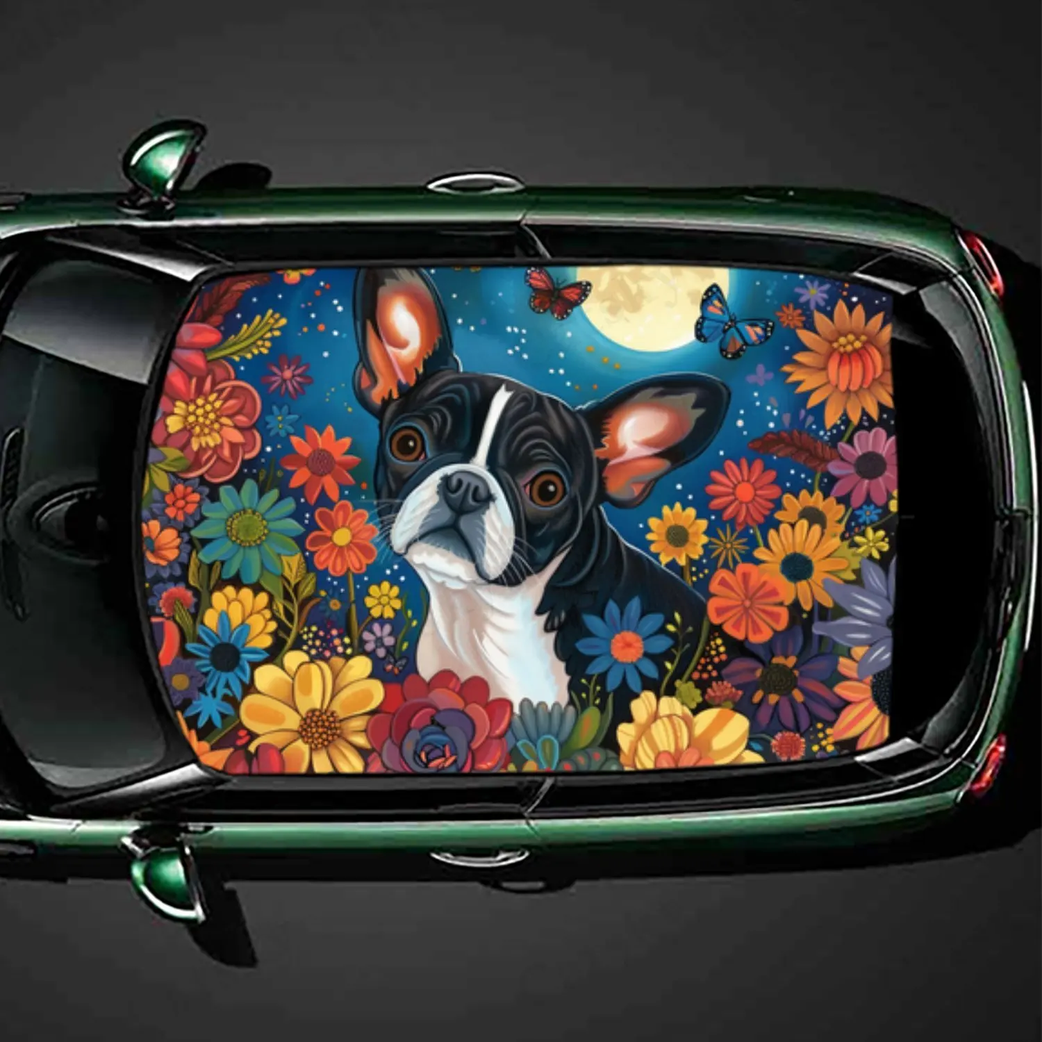 

Романтическая собака в цветке, море, наклейка на крышу автомобиля, ПВХ, самоводонепроницаемая палка, яркие автомобильные внешние аксессуары, украшение, защита Gi