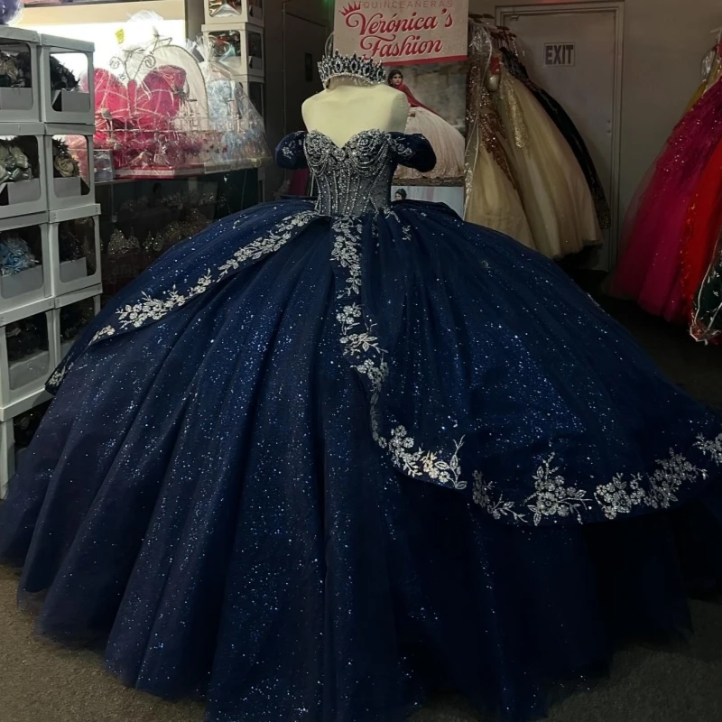 

Navy Blue Shiny Quinceanera Dresses Ball Gown Off The Shoulder Applique Lace Beading Boe Tull Corset Party Birthday Sweet 16