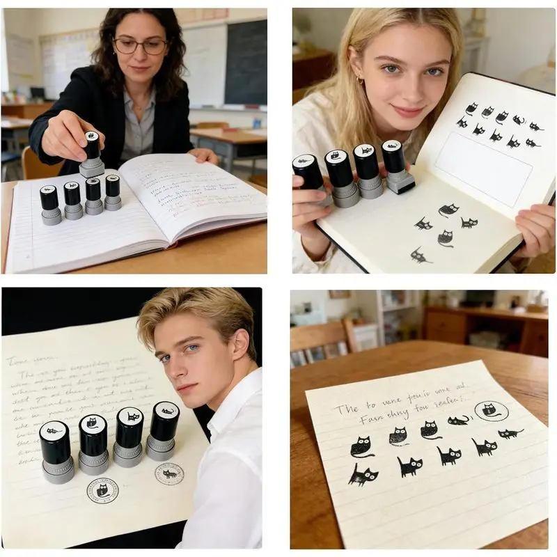 Vintage Halloween Black‑Cat Self‑Inking Stamp Set, 1‑4Pcs Refillable Mini Kitten Craft Seals, Portable Decorative Stamps