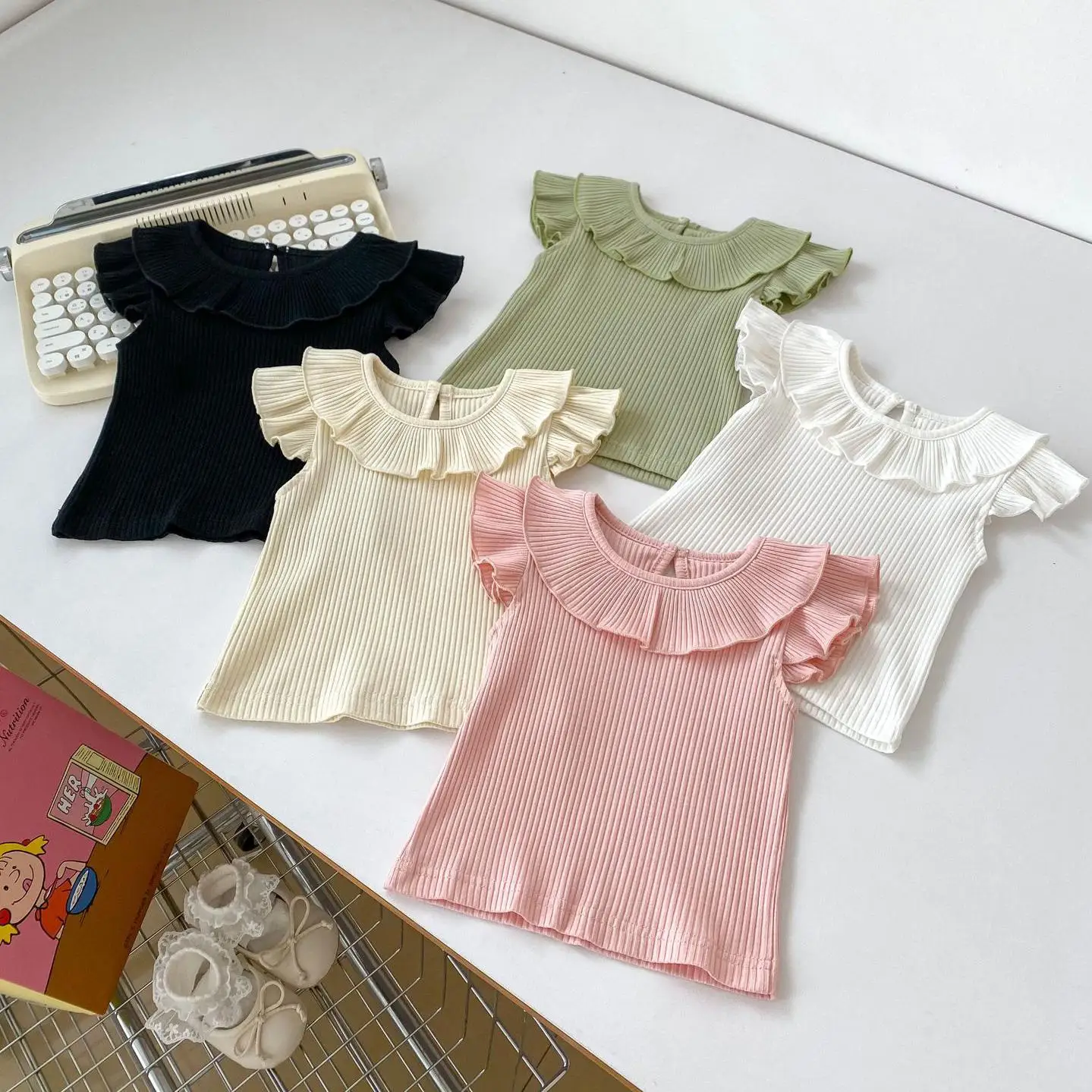 Summer New Girl Children Solid Fly Sleeves Tops Girls Baby Thin Ribbed All-match T-shirt Infant Casual Tees Kid Cotton Tshirts