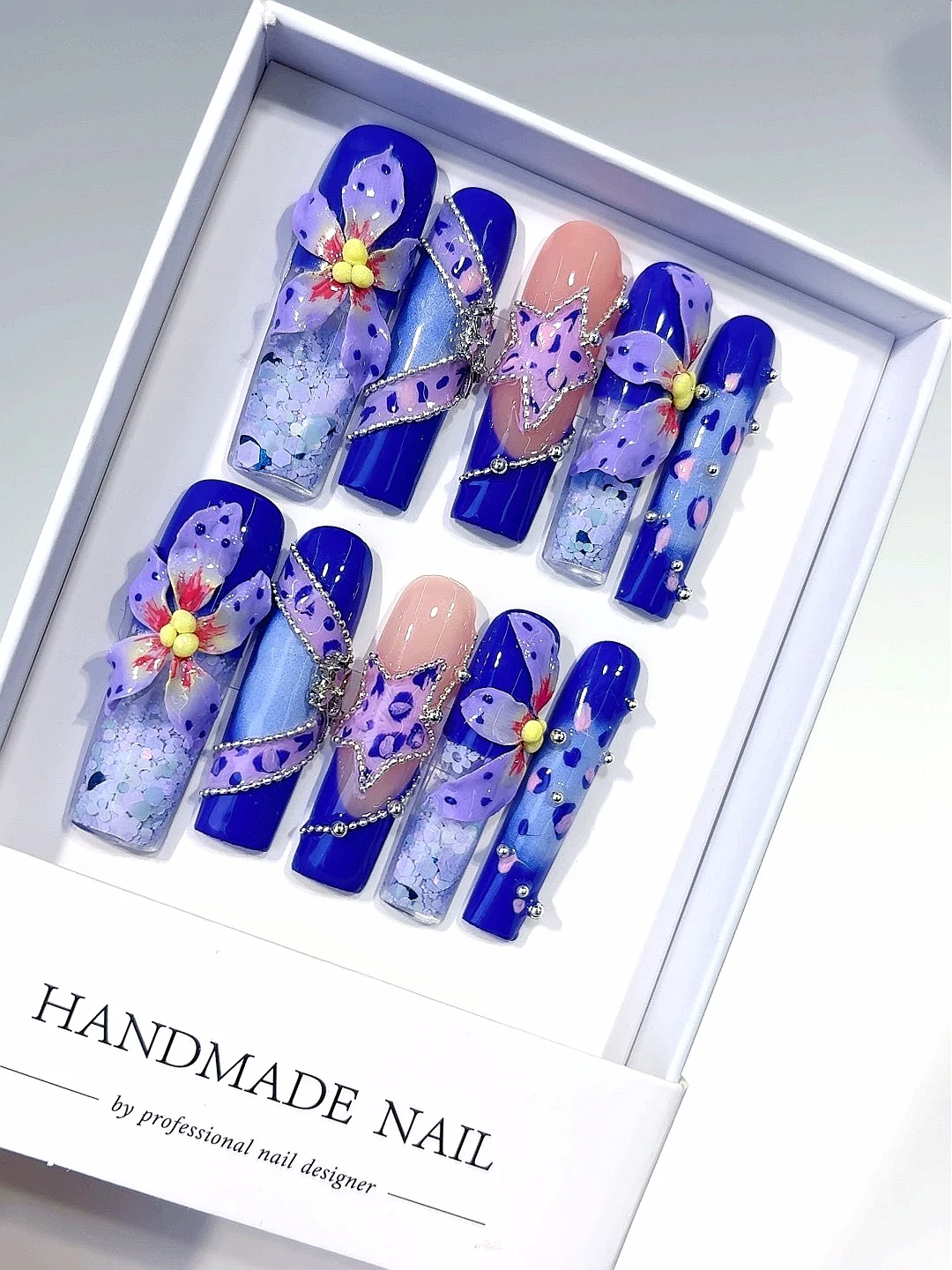 

Синий Фиолетовый 3D Цветочная Звезда Леопардовый Принт Горный Хрусталь Длинный Квадратный Пресс на Ногти - Накладные Ногти Ручной Работы с Блестками (O003)