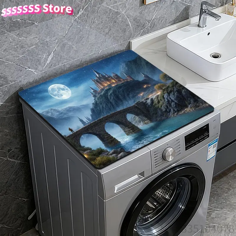 Soft And Cozy Decorative Mat for Washing Machines Featuring a Magical Night Castle And Starry Sky Design, Made from Polyester Fi