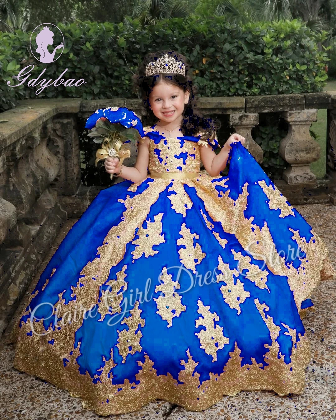 

Customized Royal Blue Flower Girl Dress For Wedding Satin Puffy Off Shoulder Lace Kids Birthday Party First Communion Ball Gown