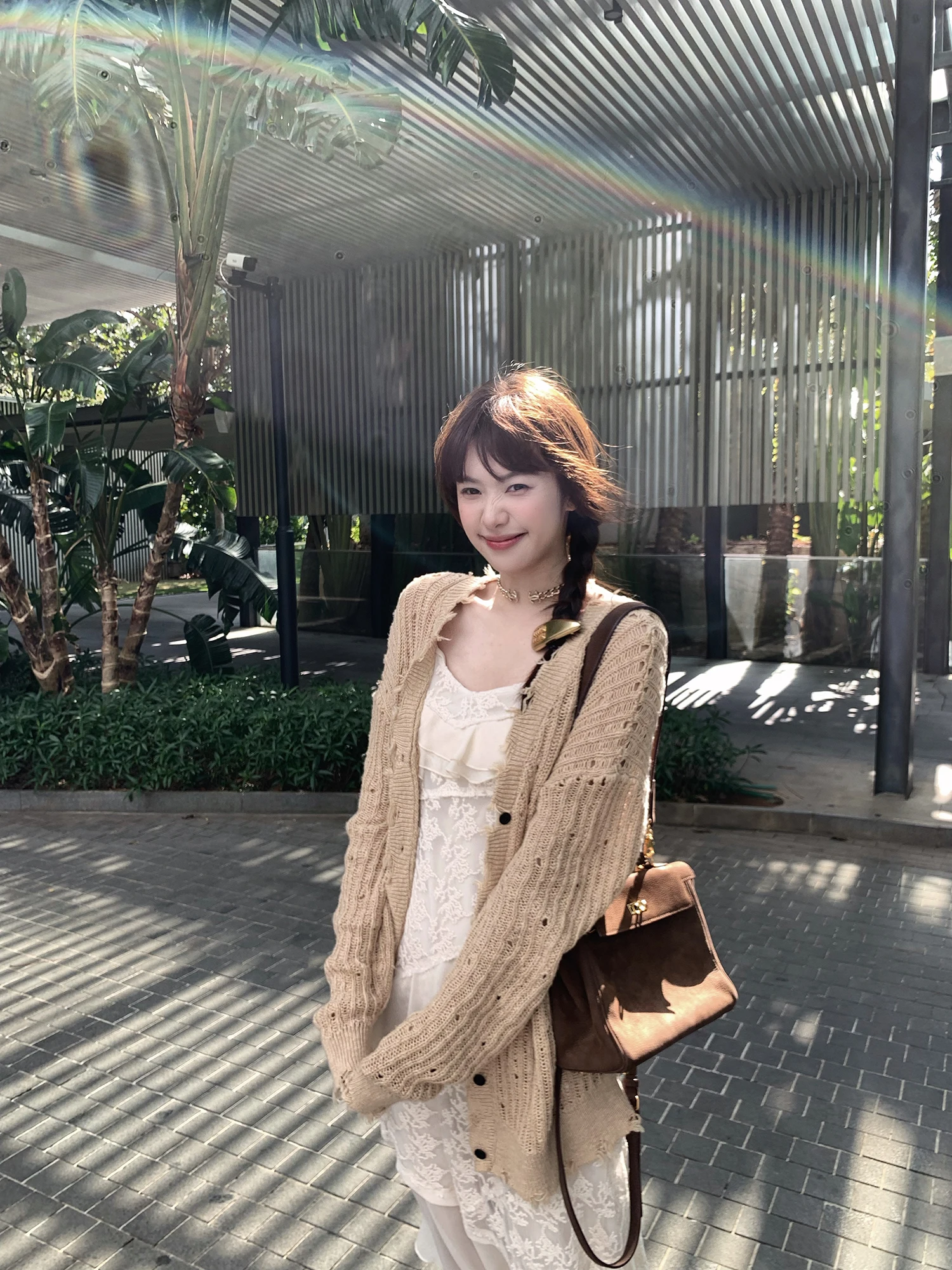 

Soft Cotton Knit Cardigan with Hole Design And Frayed Gentlemanly Feel Casual Loose Fit Long Sve V Ne Sweater for W...