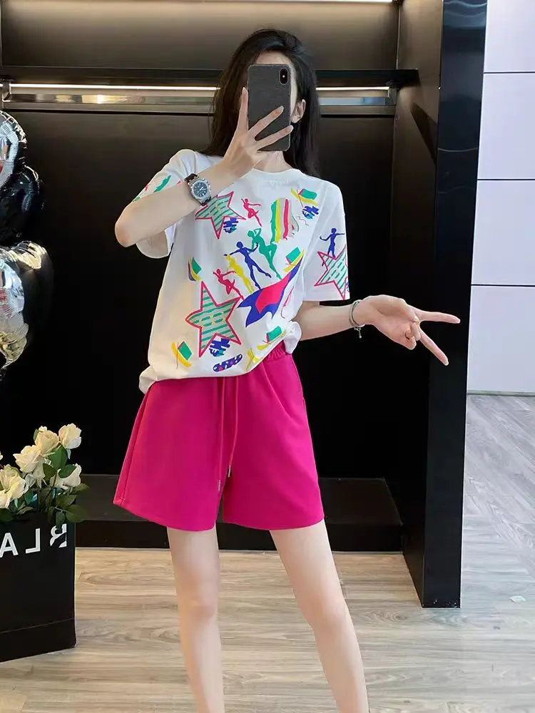 بدلة رياضية صيفية بتصميم مطبوع للنساء، طقم شورت جديد بأكمام قصيرة مكون من قطعتين لجعل أن يبدو نحيفًا وغير رسميًا