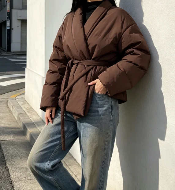 Women Brown Wrap Kimono Padded Coat Self Tie Belt Waist Oversized Cropped Puffer Jacket Loose Fall Winter New Casual Outerwear