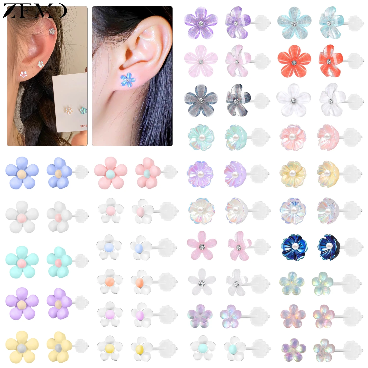 

ZEMO 2 Pcs 20G Resin Flower Shape Stud Earrings For Women Girls Lovely Ear Studs Colourful Petal Cartilage Tragus Helix Piercing